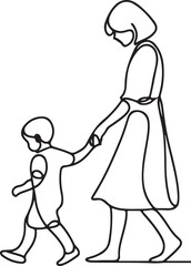 Line Drawing of Young Boy Walking with Mother