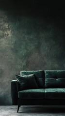 Couch in a dark room featuring a green wall with dim lighting and minimalistic decor