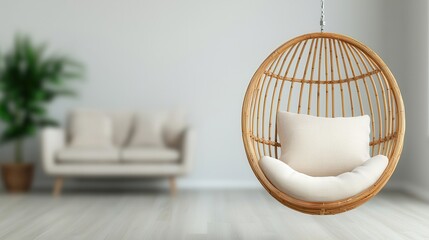 A stylish, modern living room features a suspended rattan hanging chair and a comfortable sofa, creating an inviting and serene atmosphere.
