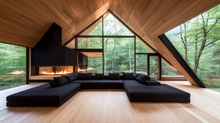 Modern A-Frame Cabin Living Room Forest View