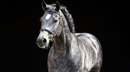 Fototapeta premium Grey horse portrait, dark background, equestrian, animal photography, website banner