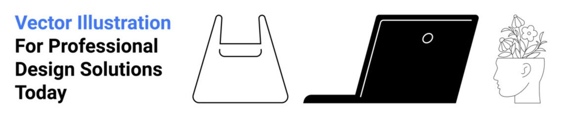 Minimal bag sketch, modern laptop silhouette, detailed head with flowers. Ideal for branding, education, creativity, e-commerce, technology, mental health awareness flat landing page banner