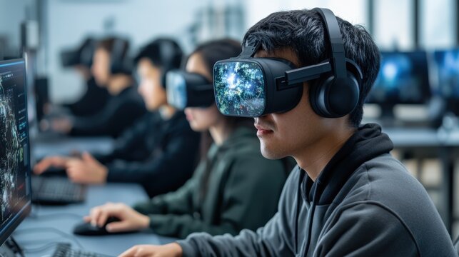 A team designing a metaverse platform in a high-tech development lab with virtual screens projected mid-air