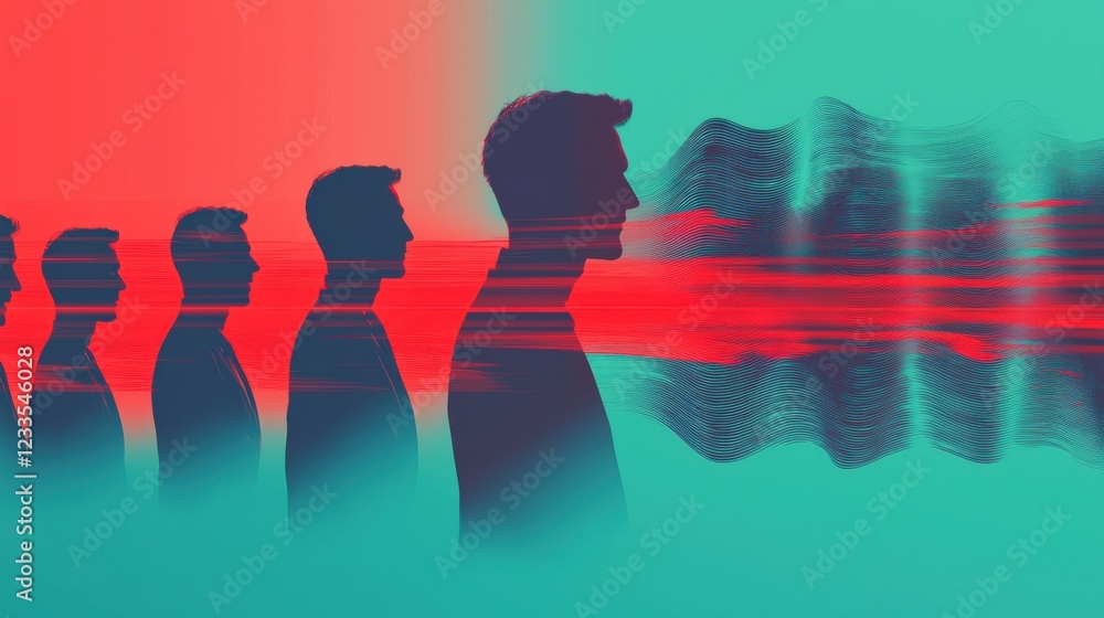 Poster silhouette of a man with colorful abstract waves and shadows representing movement and transformatio