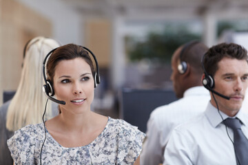 Contact us, call center or business woman with team at help desk for planning, customer service or...