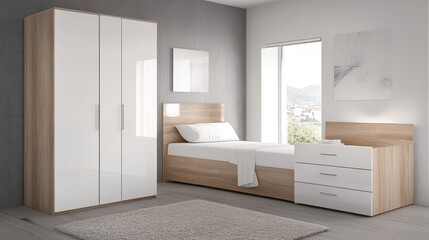 Fototapeta premium Modern Bedroom Furniture Set with White Gloss Wardrobe