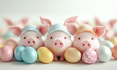 Three adorable piglets with colorful hats sit among pastel-colored Easter eggs, evoking a playful spring vibe.
