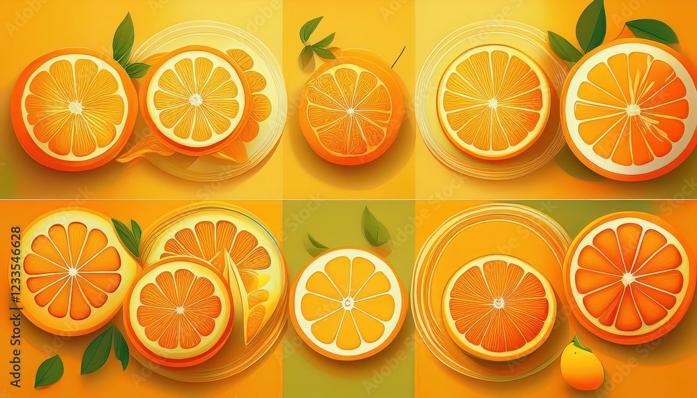 Poster vivid yellow backdrop illuminated by a dazzling display of sliced oranges, creating a vibrant and in