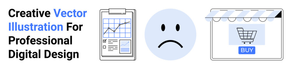Obraz premium Chart clipboard tracking performance, sad face highlighting customer feedback, online shopping cart for e-commerce insights. Ideal for business analysis, customer satisfaction, e-commerce, digital