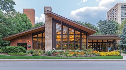 Modern Brick Clubhouse with Extensive Landscaping and Windows