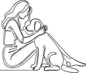 Minimalist Line Art Woman Kneeling & Hugging Her Dog