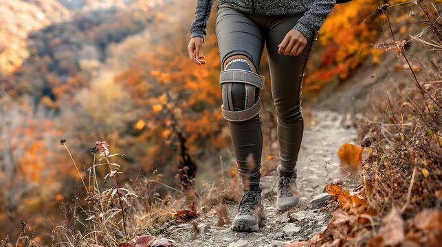 A woman confidently hikes along a beautiful trail during autumn, showcasing a supportive knee brace. She embodies determination and vitality despite physical limitations on her journey