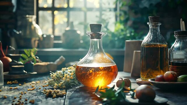 Magical potion brewing In a witch workshop, Glowing potion and magical ingredients	

