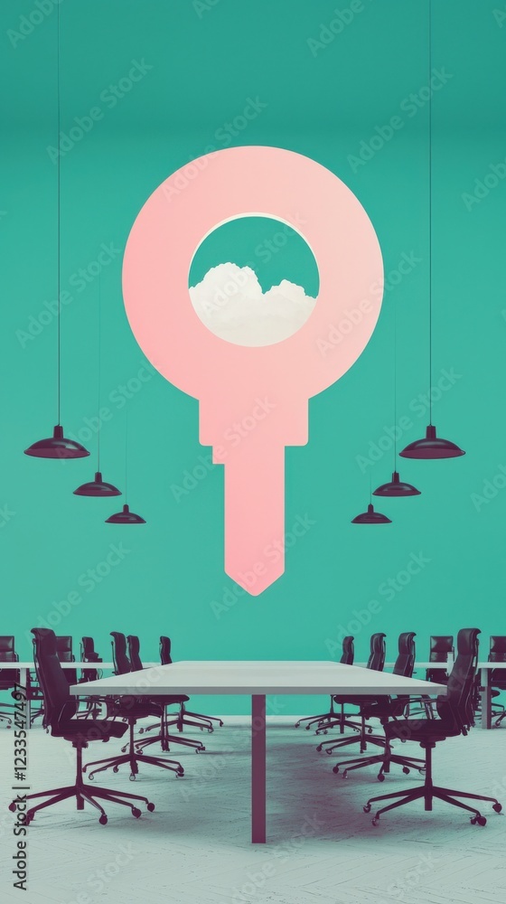 Poster creative workspace with colorful key illustration and clouds concept for unlocking ideas and collabo