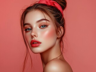 Naklejka premium Woman with red lipstick posing against a pink background in a close-up portrait shot