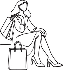 Elegant Line Drawing of Woman with Shopping Bag