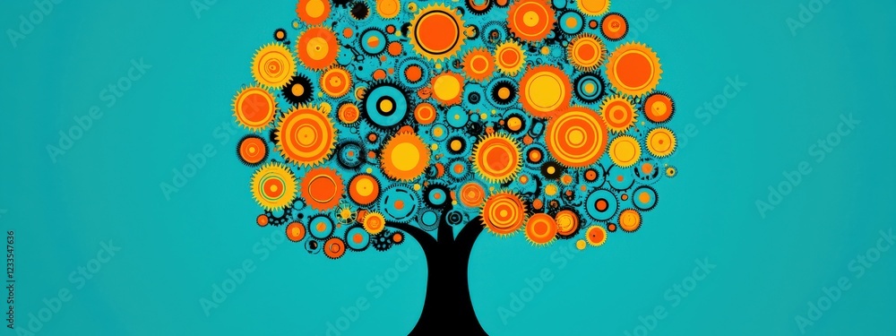 Poster artistic tree concept with gears in bright colors on a vibrant background for creative design projec