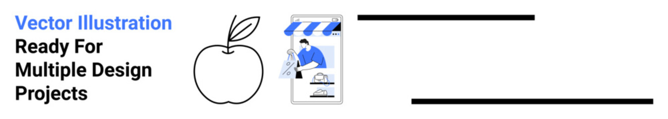 Minimalist apple outline and storefront with person holding grocery bag emphasize easy shopping and delivery. Ideal for e-commerce, online services, sustainability, retail, food trends, health, flat
