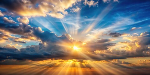 Obraz premium Cloudy sky with sun light beams illuminating the horizon