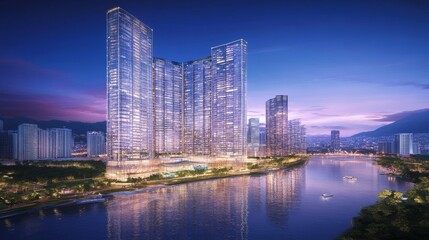 Fototapeta premium Modern Cityscape Skyline Riverfront Towers Evening