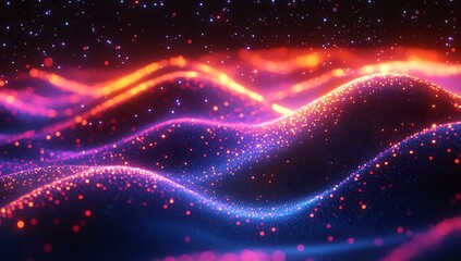 Fototapeta premium Abstract Neon Waves: A Digital Landscape of Glowing Particles