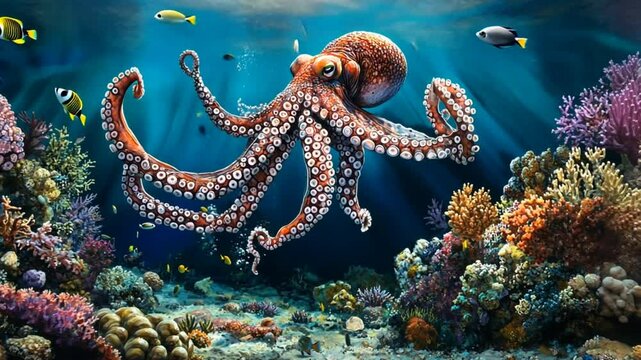 Underwater scene featuring a vibrant octopus swimming among colorful coral and tropical fish in a rich marine environment. Marine life concept