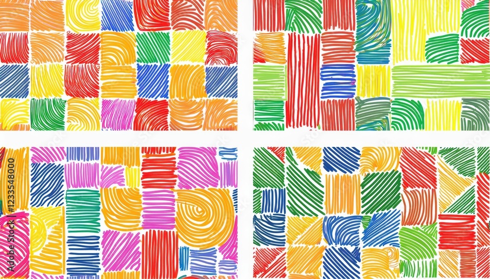 Aufkleber vibrant, whimsical line doodle pattern showcasing a lively array of bold colors and playful shapes, 
