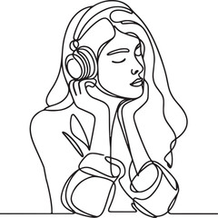 Modern Line Drawing of Young Woman Listening to Music