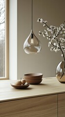 Modern glass pendant lamp illuminates kitchen counter with fruit bowl, minimalist decor, window view