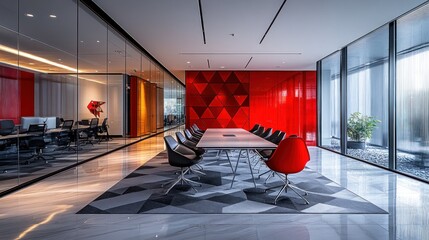 Modern red and grey office conference room with glass walls.
