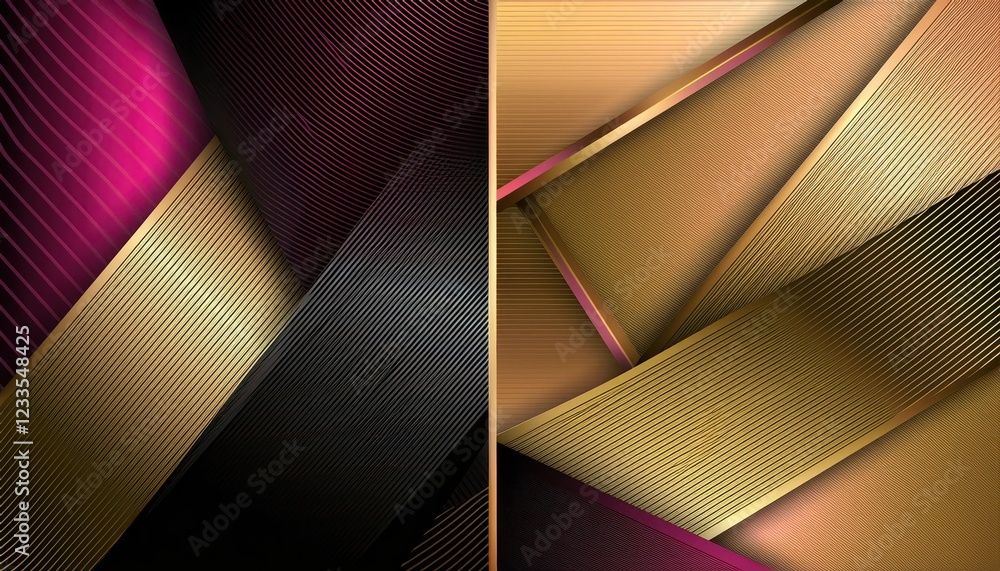 Poster dynamic abstract artwork gold, black and pink gold gradient overlap stripes on an abstract backgroun