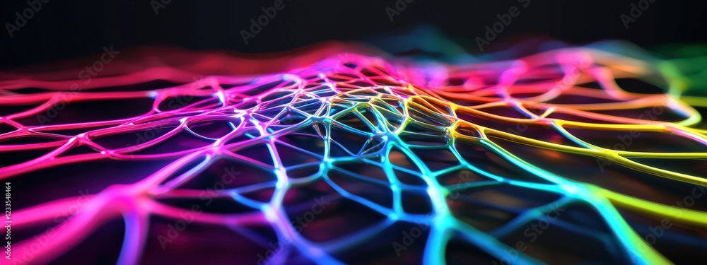Poster colorful neon web pattern with abstract lines creating a vibrant and futuristic background scene