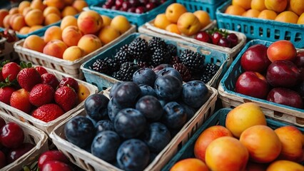 Fresh fruit Nectarines Strawberry Cherry The blueberry Rashberry Apricot at a fruit stand in a public market