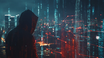 Fototapeta premium Hacker are planning to hack and attack networks and cyber security systems..Smart Innovation city with connection cyber security network reciprocity over the cityscape . future wireless digital city 