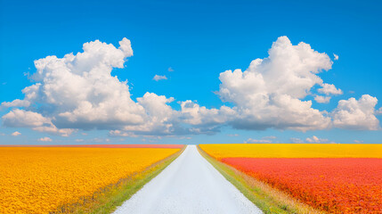 Obraz premium Country road through colorful fields, sunny day