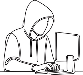 Minimalist Hacker Art Line Drawing of a Cyber Intruder