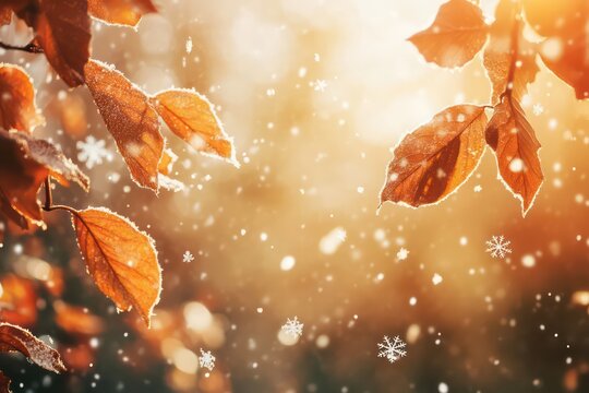 A close-up of brown autumn leaves with melting snowflakes glistening in the sunlight. - Powered by Adobe