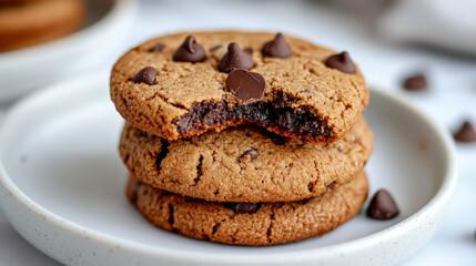 Fototapeta premium Stacked chocolate chip cookies beautifully showcase their texture with a bitten cookie invitingly revealing rich gooey chocolate chunks, photographed up close on a white plate in a well-lit ambiance