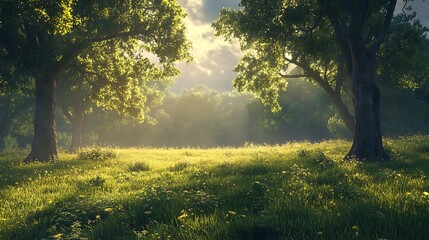 Obraz premium A serene forest scene bathed in soft sunlight, highlighting lush greenery and tranquility.