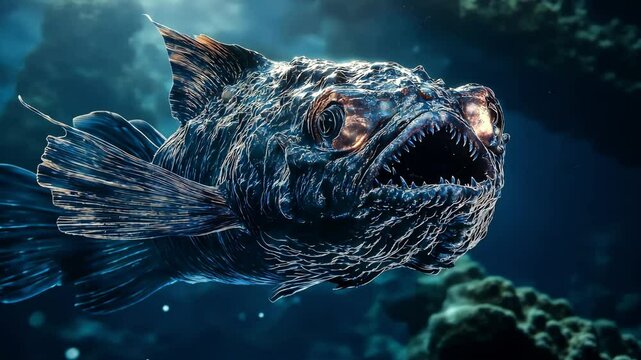 A fish fantastical and eerie swimming life on deep sea, Dark mysterious	