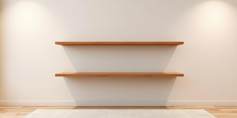 Sleek and modern wooden shelves are mounted above a minimalist area rug on a neutral-toned wall, creating a sense of calm, urban decor, calming atmosphere
