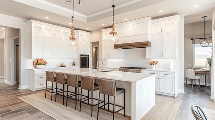 A minimalist modern kitchen with white cabinetry, a large central island, and subtle lighting accents