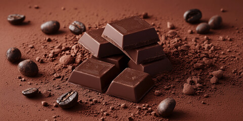 A stack of dark chocolate bars surrounded by cocoa powder and beans, placed on a chocolate brown...