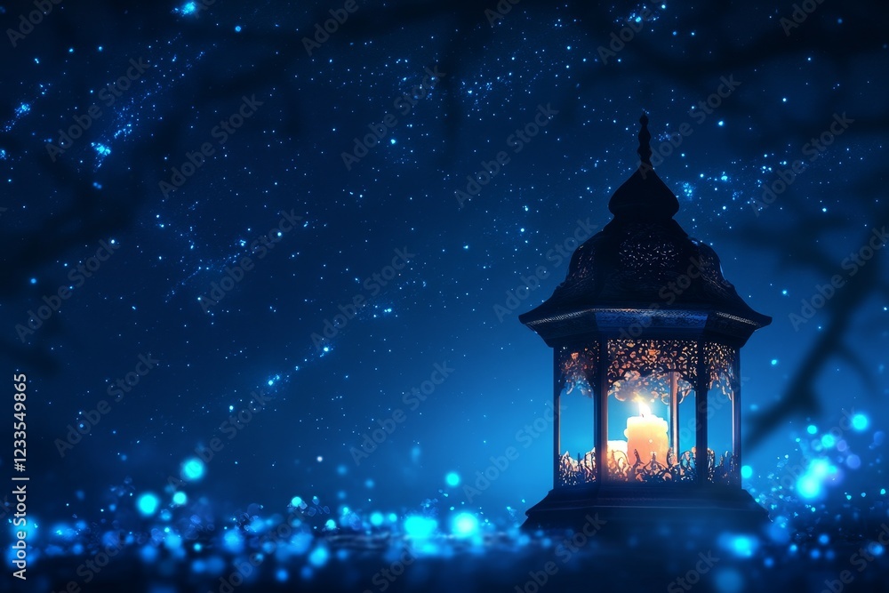 Poster illuminated lantern in a mystical night scene with glowing particles.