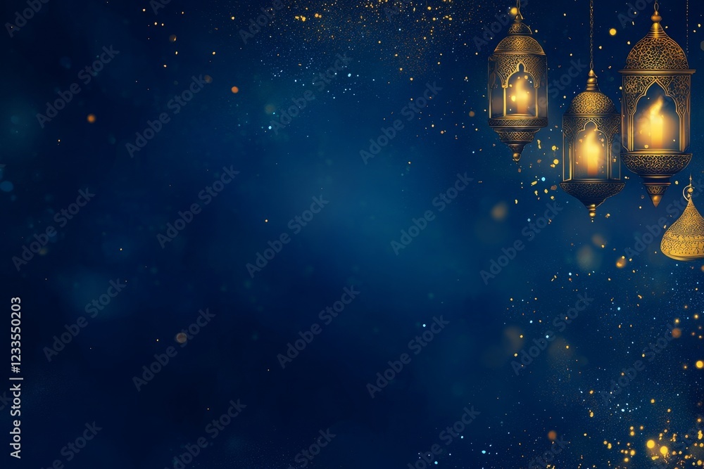 Aufkleber glowing lanterns on dark blue background with bokeh.