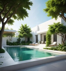 serene poolside scene with a white building and lush green tree, calm, natural