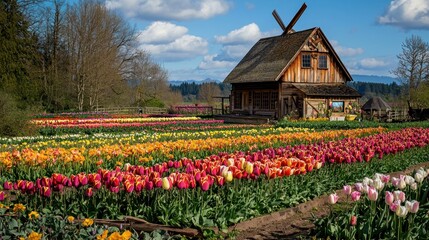 Obraz premium Vibrant Tulip Fields and Rustic Wooden House