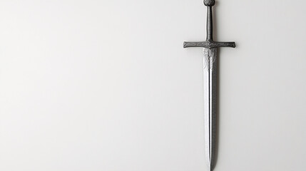 silver and black medieval sword on a white background with a minimalist aesthetic