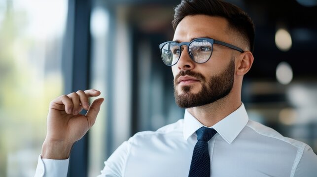 A tech-savvy young entrepreneur wearing augmented reality glasses, presenting a project in a high-tech meeting room