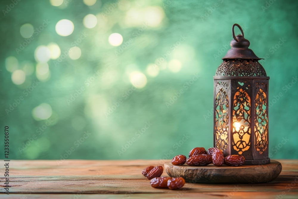 Poster illuminated lantern with dates on wooden table against bokeh background.